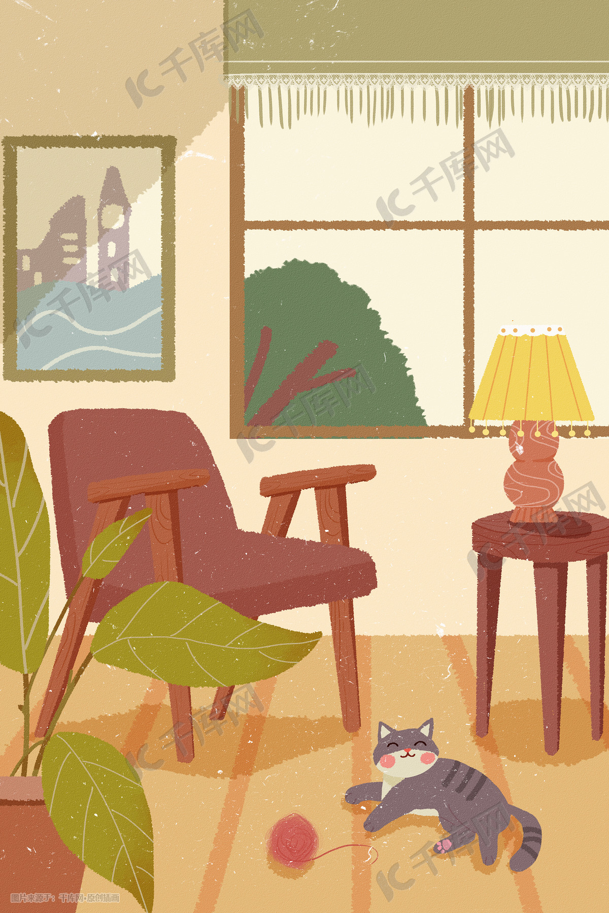 室内家具休闲生活猫咪椅子台灯手绘植物场景插画图片 千库网 插画id