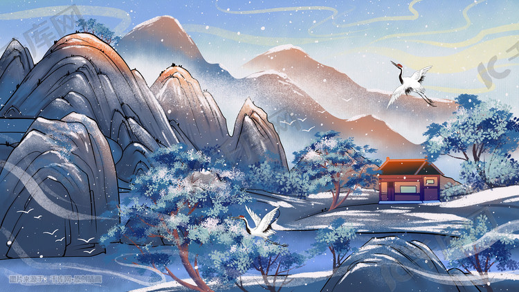 冬天风景中国风河边小屋山水雪景