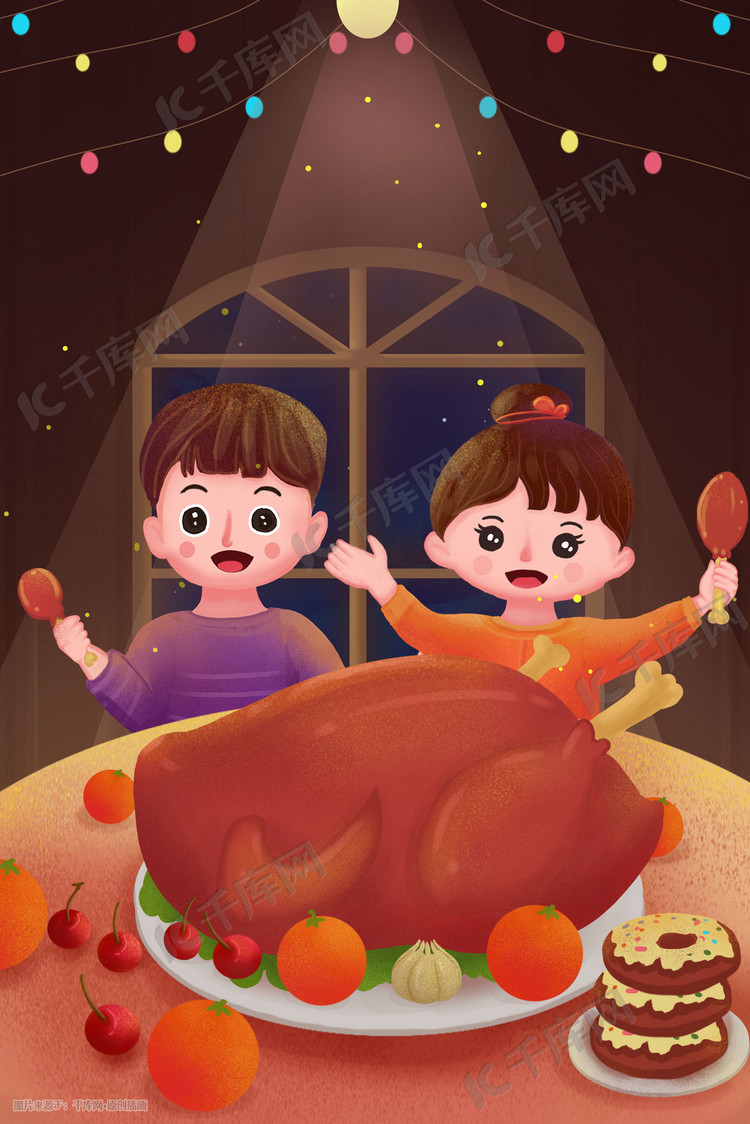 卡通感恩节食物火鸡男孩女孩美食插画背景