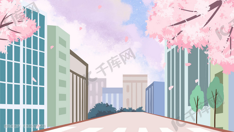 城市建筑马路街道樱花天空云朵手绘场景花朵花