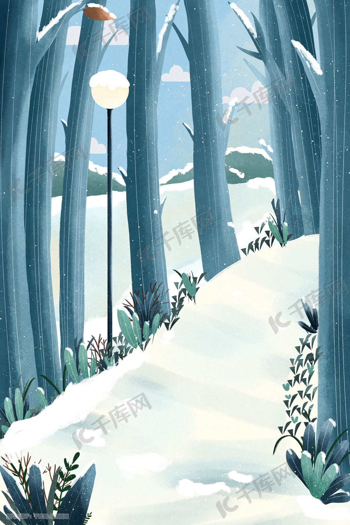 冬天冬景冬季下雪雪花治愈风景插画图片 千库网 插画id