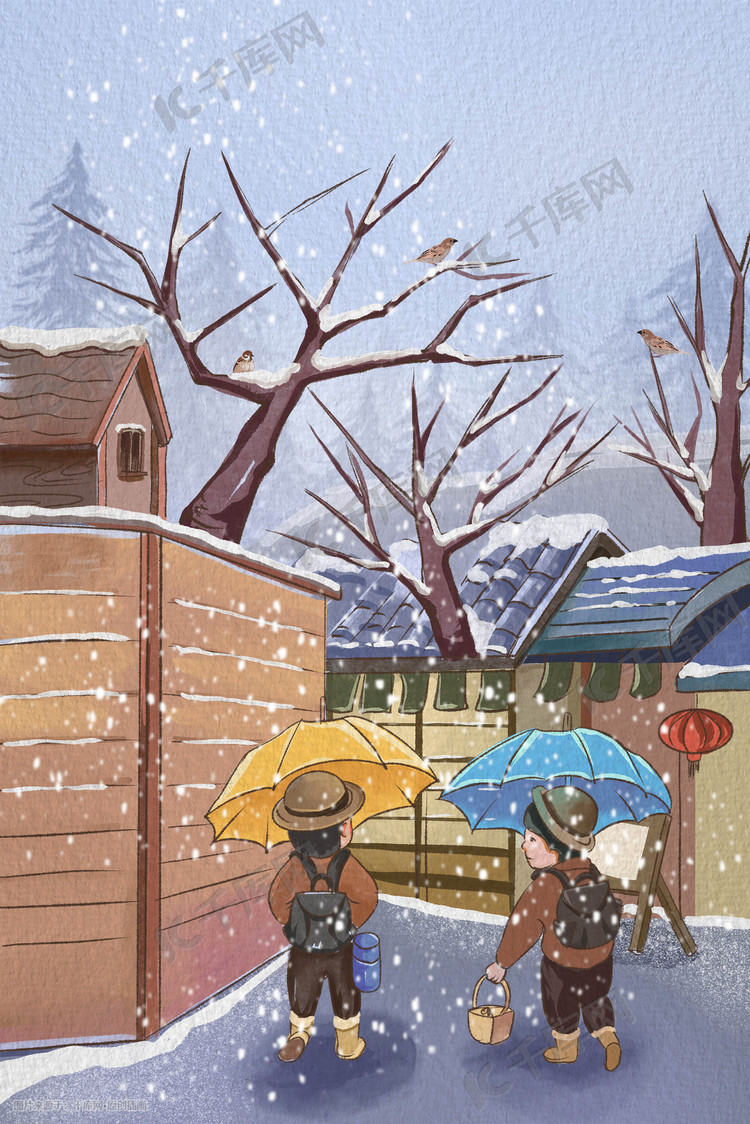 唯美原创手绘冬天下雪上学路上插画小雪