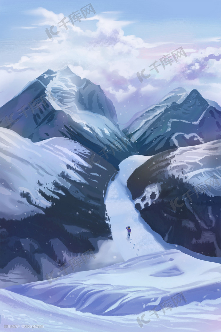 冬天冬景冬季风景雪山雪地大雪纷飞插画图片-千库网