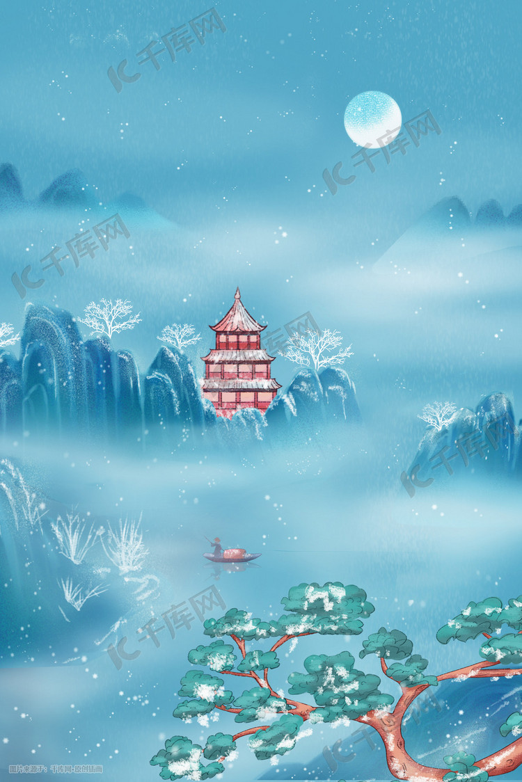 中国风山水下雪水墨树木建筑渔船唯美场景