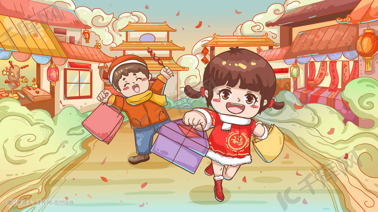 中国传统节日过年女孩男孩逛街市集买年货