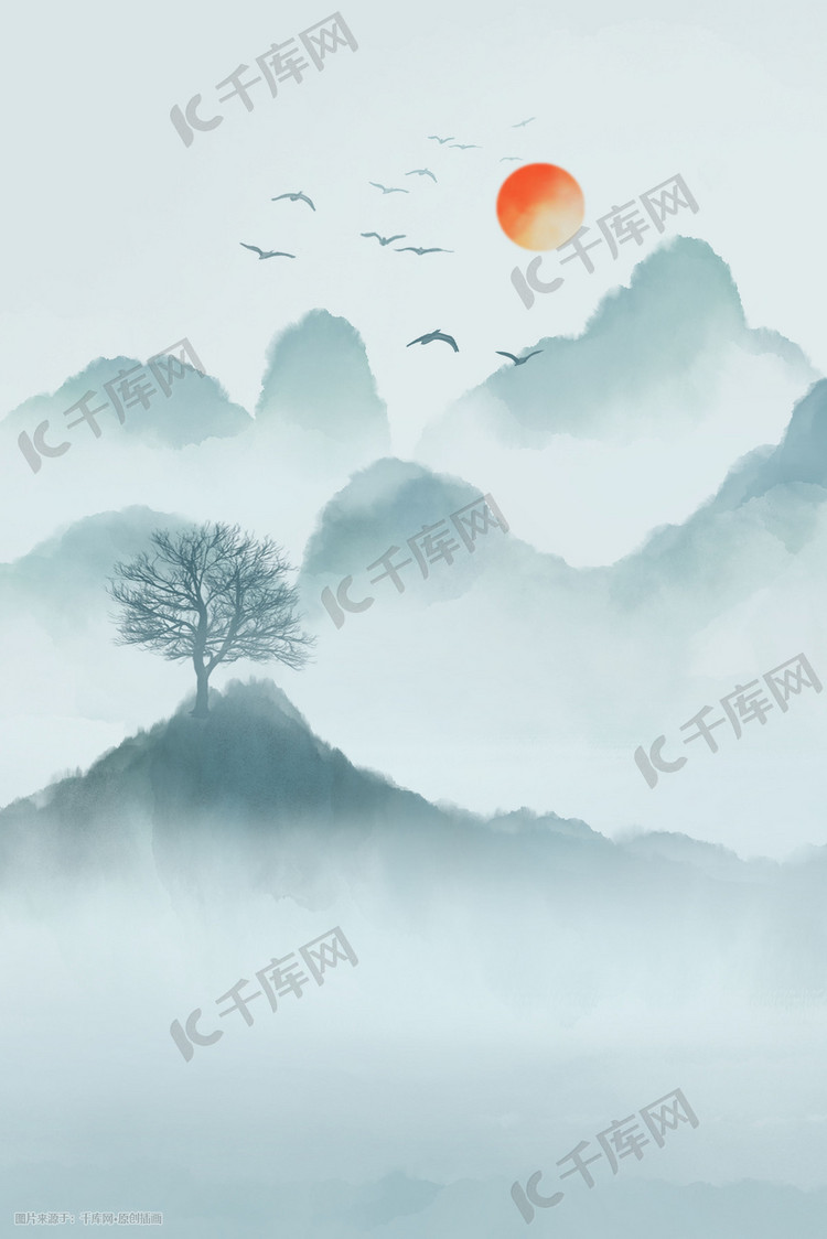 中国风唯美水墨山水插画海报背景