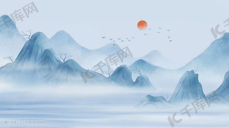 中国风水墨山水插画海报背景