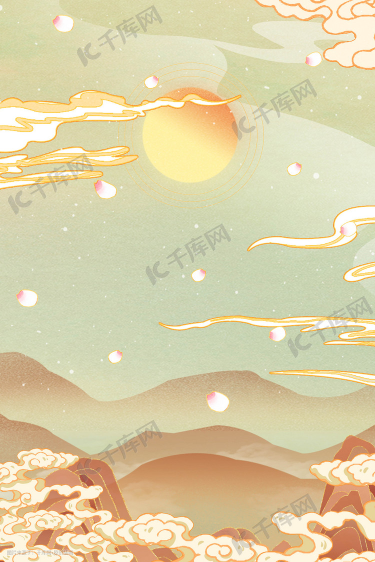 中国风国潮手绘山水水墨祥云背景素材插画图片-千库网
