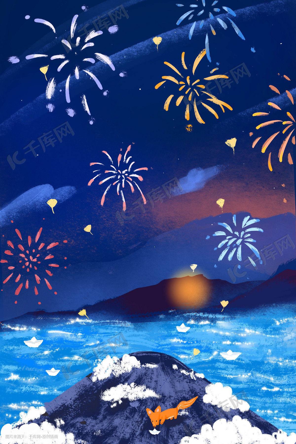 夜晚烟花大海波浪夜空唯美梦幻景色插画图片 千库网 插画id 998