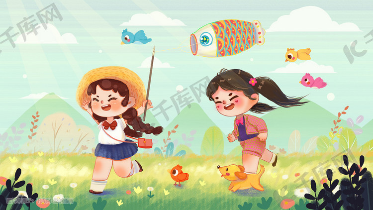 春天两个女孩放鱼旗奔跑治愈立春插画