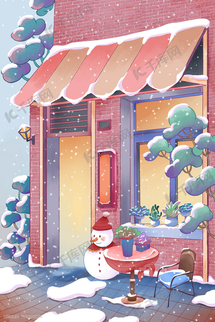 冬天街角花店外的雪景手绘插画