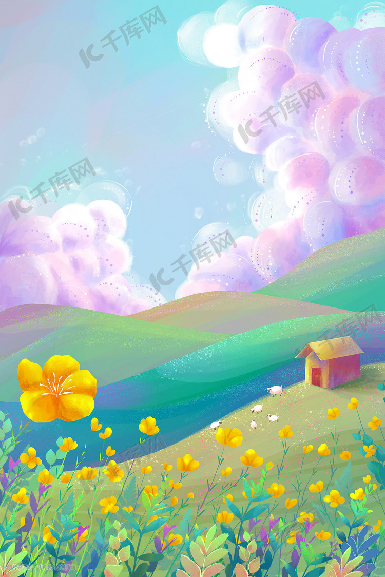 春天春景唯美治愈草原上的春天手绘插画