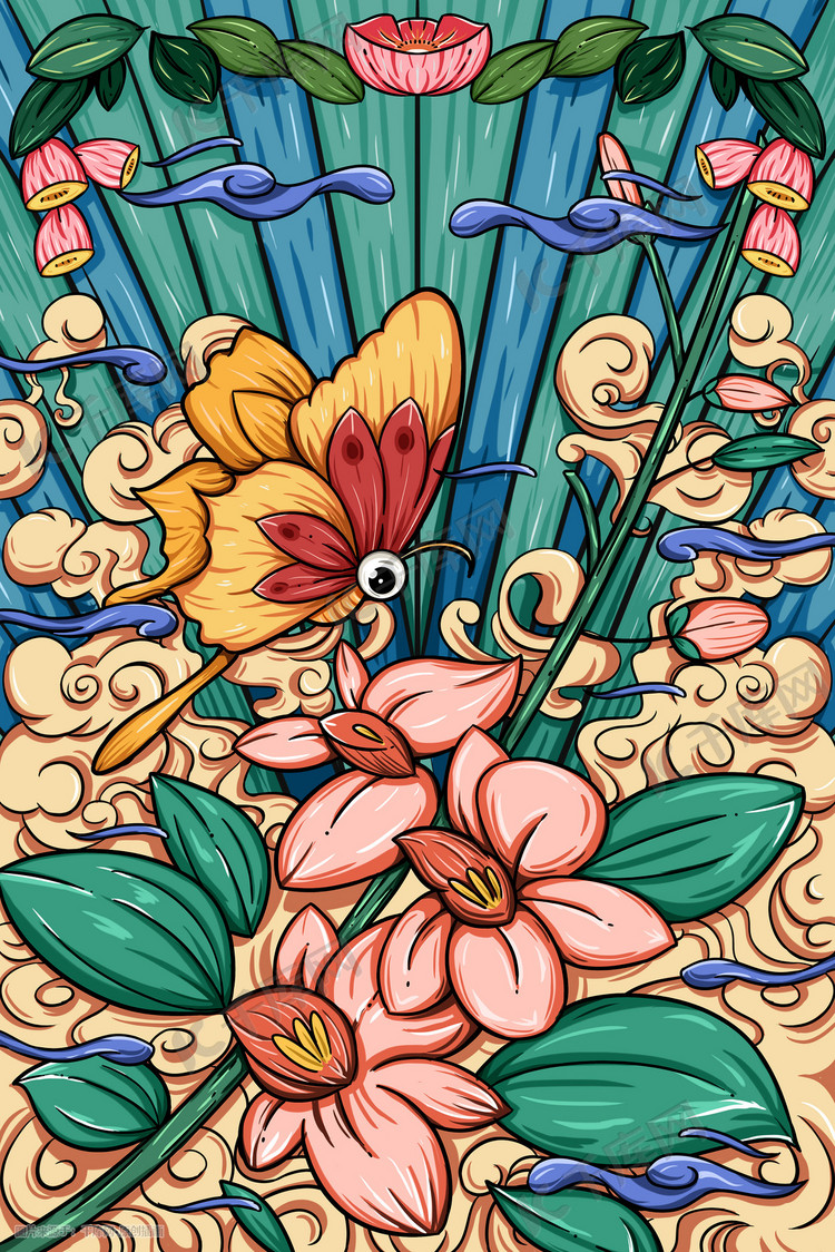 国潮风春天春景花朵上的蝴蝶插画