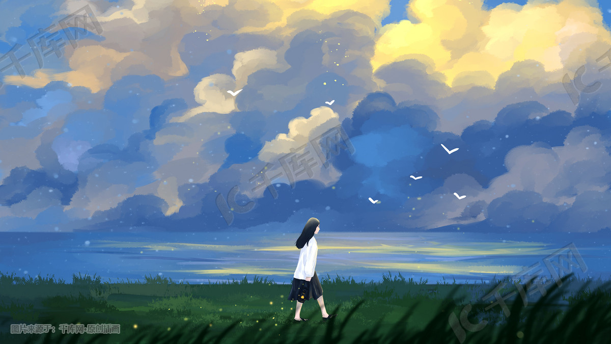 唯美治愈海边提灯前行的少女插画图片 千库网 插画id