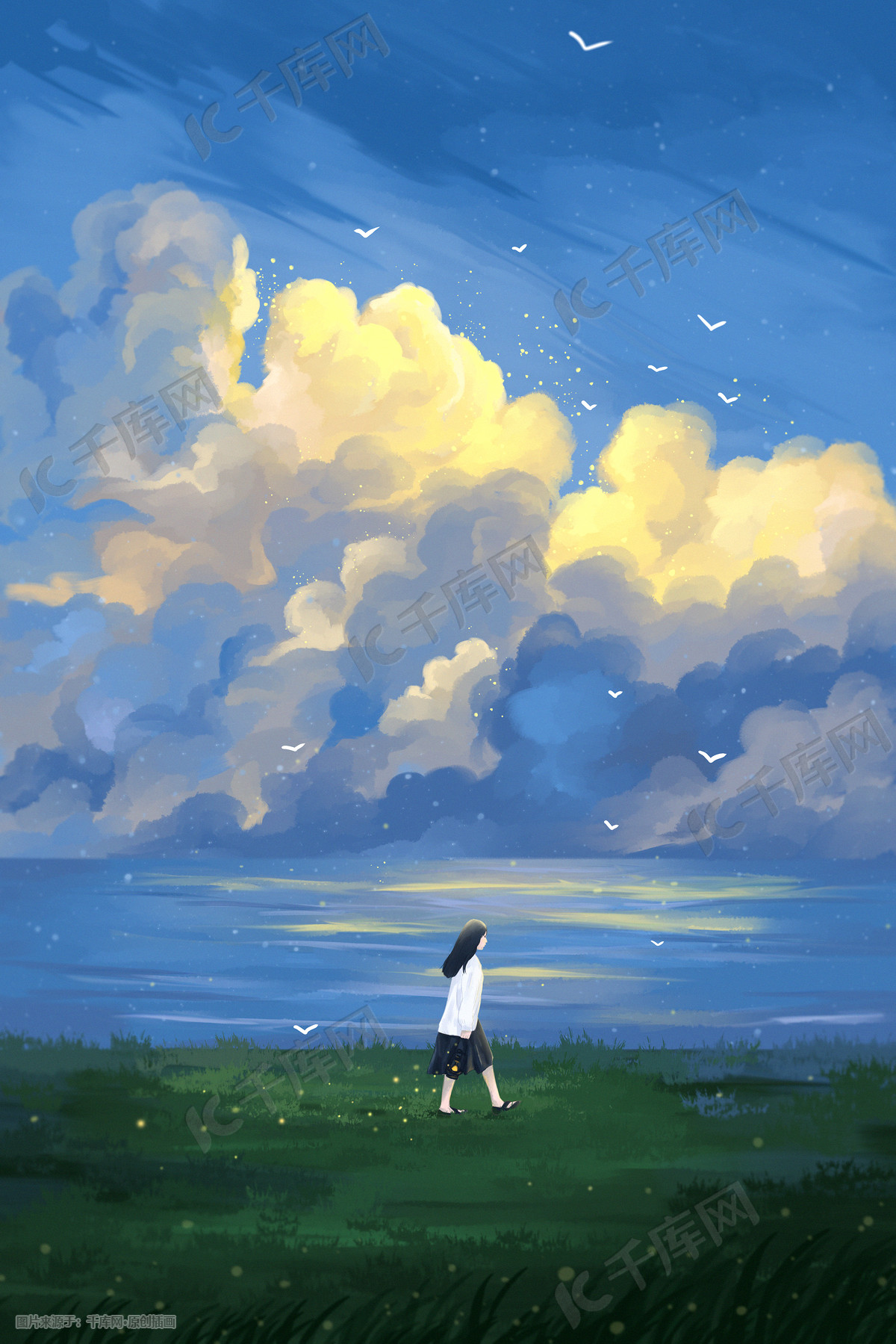 唯美治愈海边提灯前行的少女插画图片 千库网 插画id