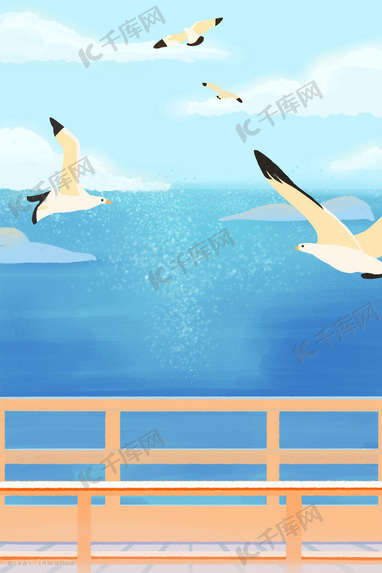 矢量扁平海边唯美清新海鸥飞插画