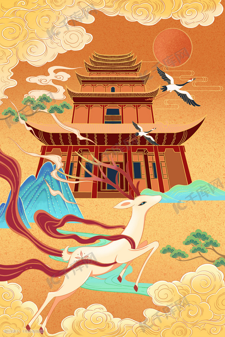 新国风敦煌莫高窟插画图片-千库网