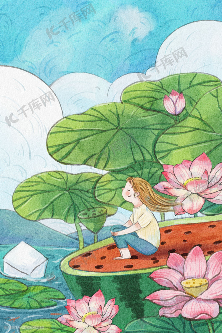 夏天夏季荷花荷叶西瓜冰块意境凉快风景插画图片-千库网