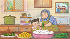 端午节端午之和奶奶一起包粽子温馨场景