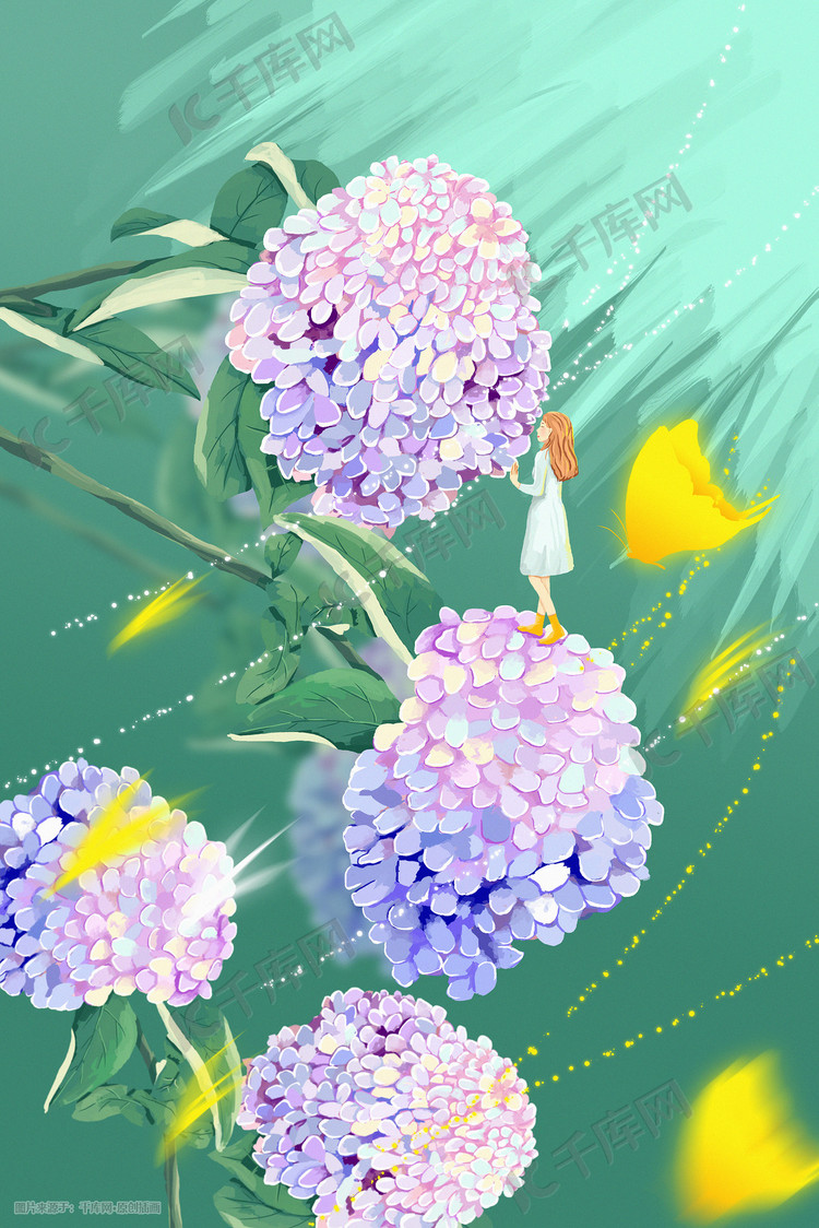 夏日五月你好绣球花植物插画