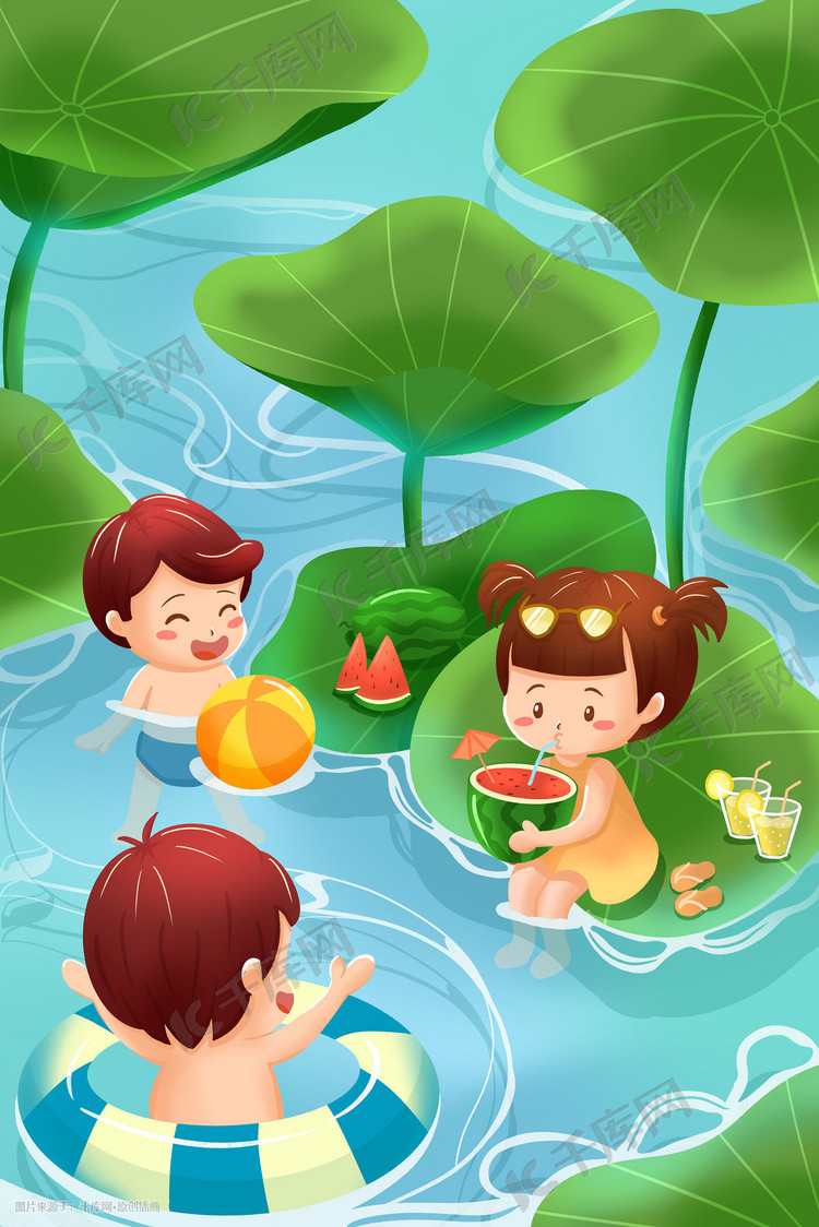 夏天夏季卡通可爱小朋友荷塘游泳治愈插画