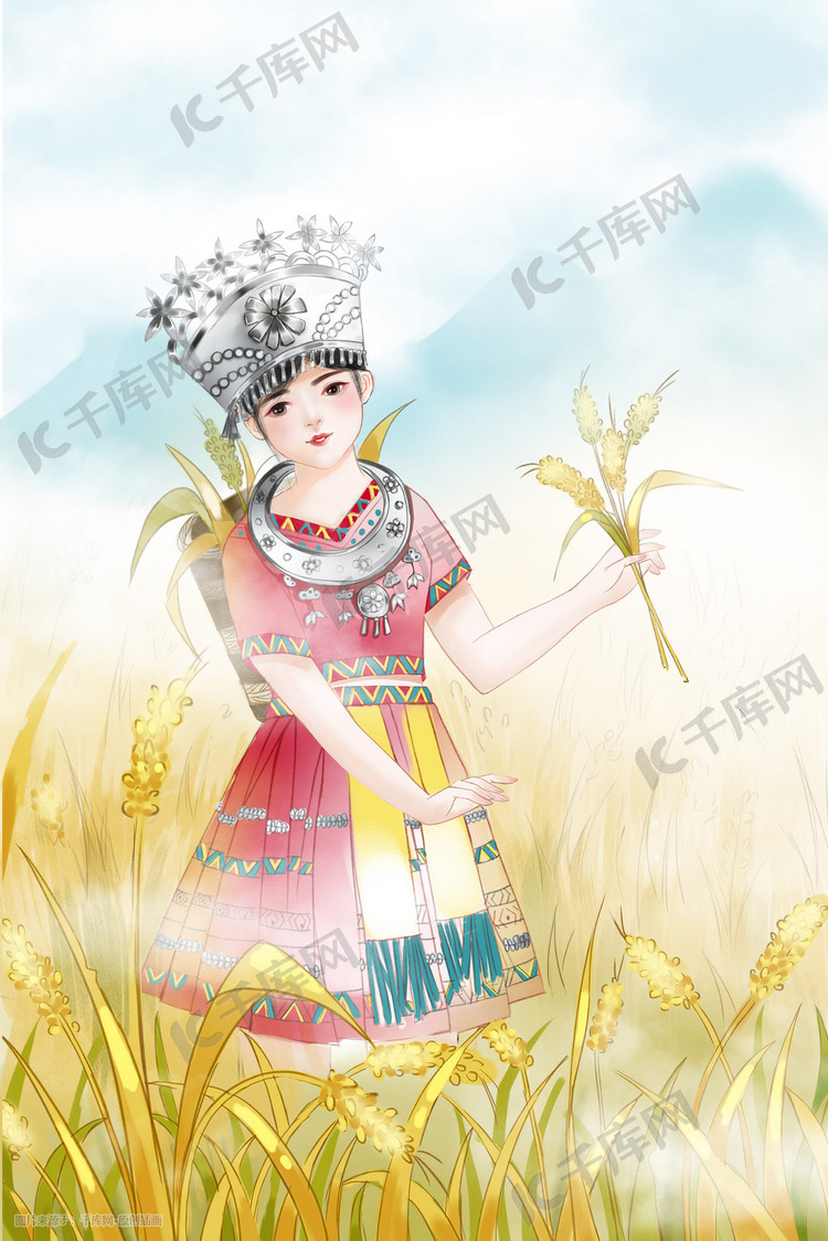 芒种少数民族女孩收麦子插画