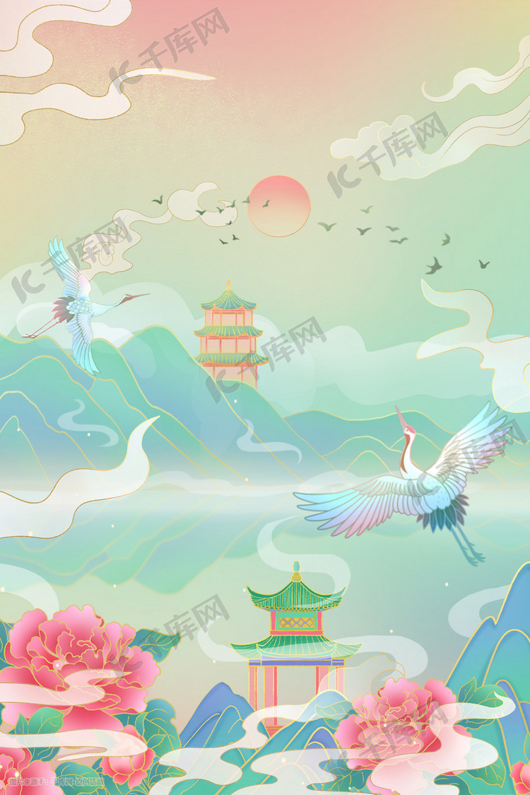 国潮风中国风山水牡丹飞鹤插画海报背景