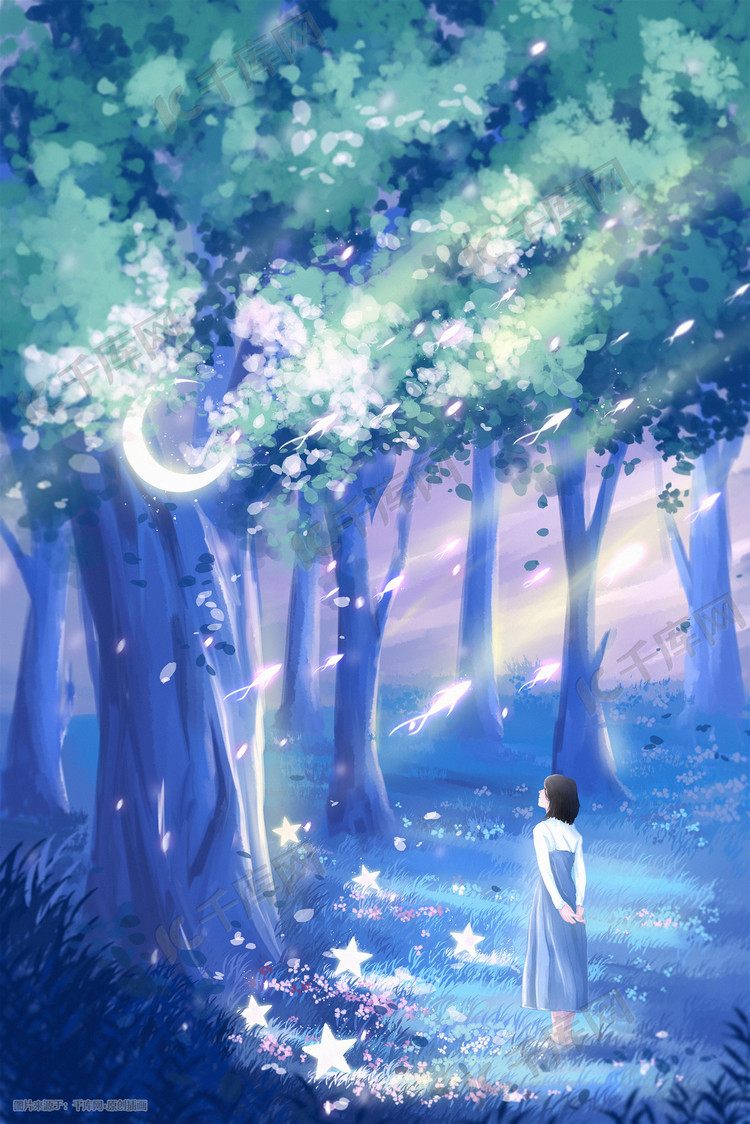 唯美治愈森林里遇到星星月亮的少女插画