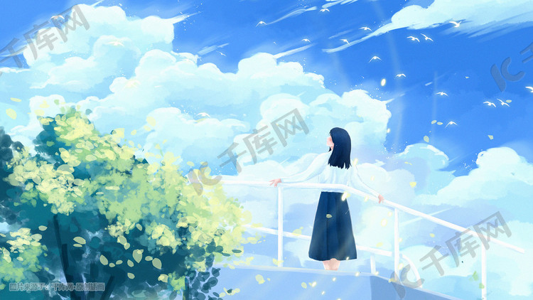 唯美治愈夏日夏天仰望天空的少女插画