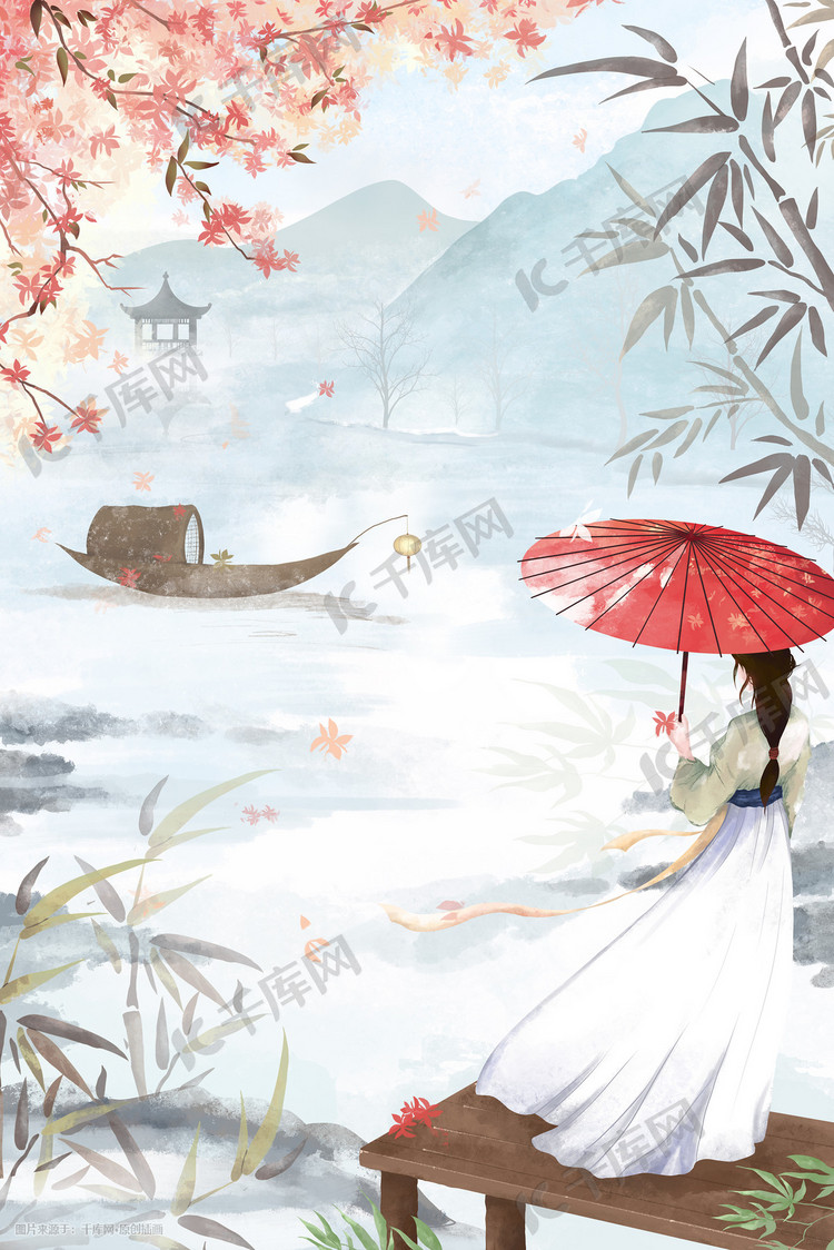 古风美女竹林渡口撑伞盼归船插画图片-千库网