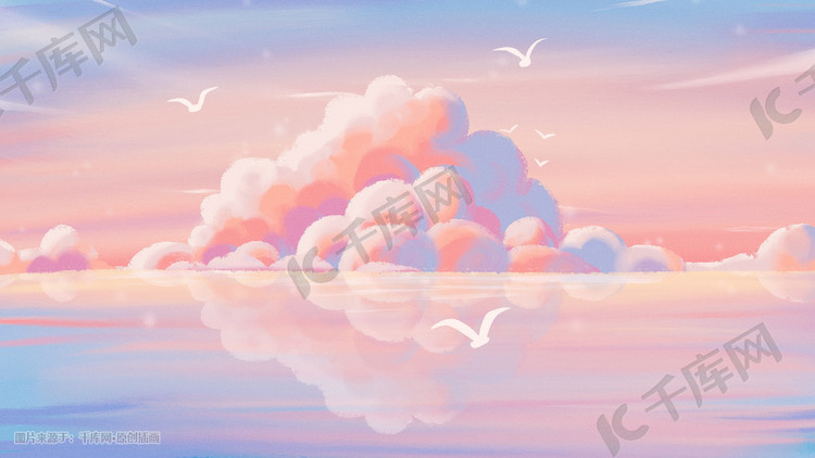 浪漫唯美夏季自然风景大海天空彩云海鸥日系