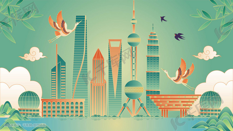 国潮城市建筑群上海矢量插画