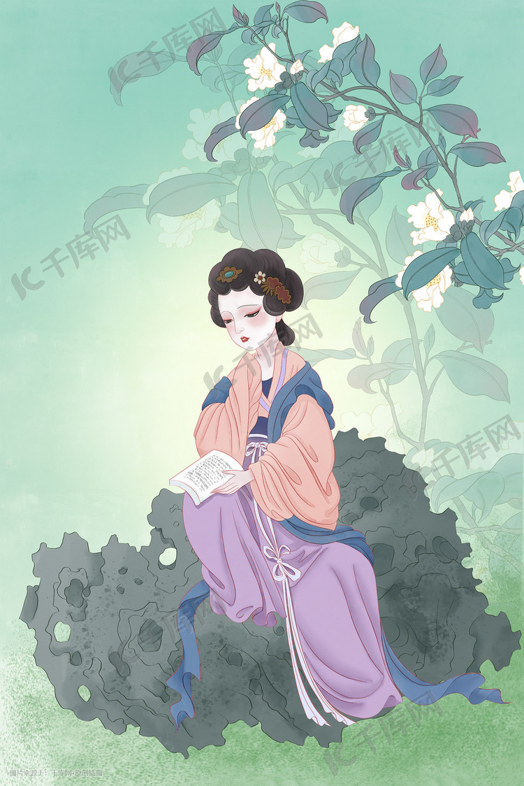 花树下看书的古风美女