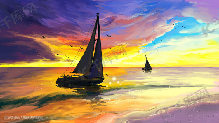 速涂风景夕阳下的海边帆船手绘插画