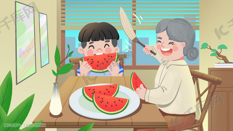 夏天夏季祖孙二人吃西瓜卡通温馨场景