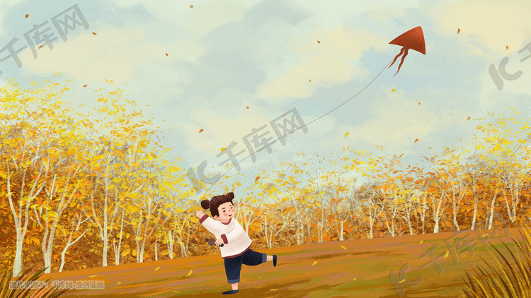 秋天秋季女孩在野外放风筝