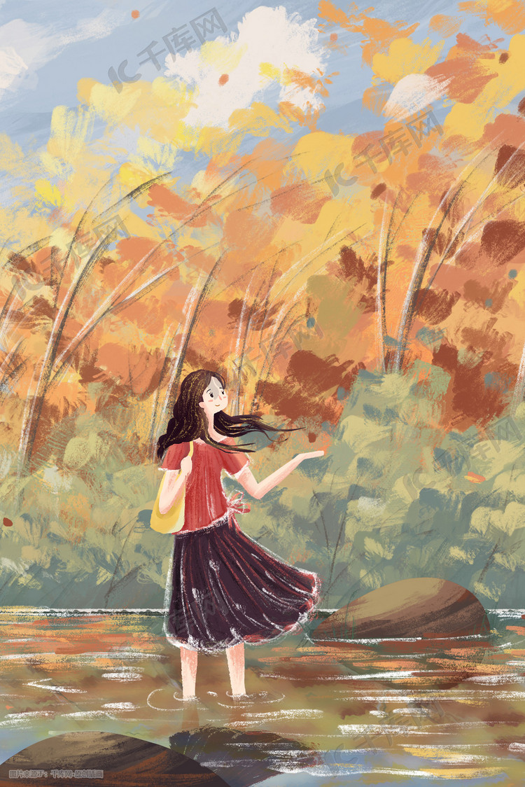 秋天女孩在野外赏秋景风景油画