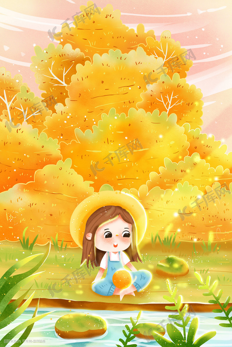立秋秋天女孩在河边看风景卡通插画