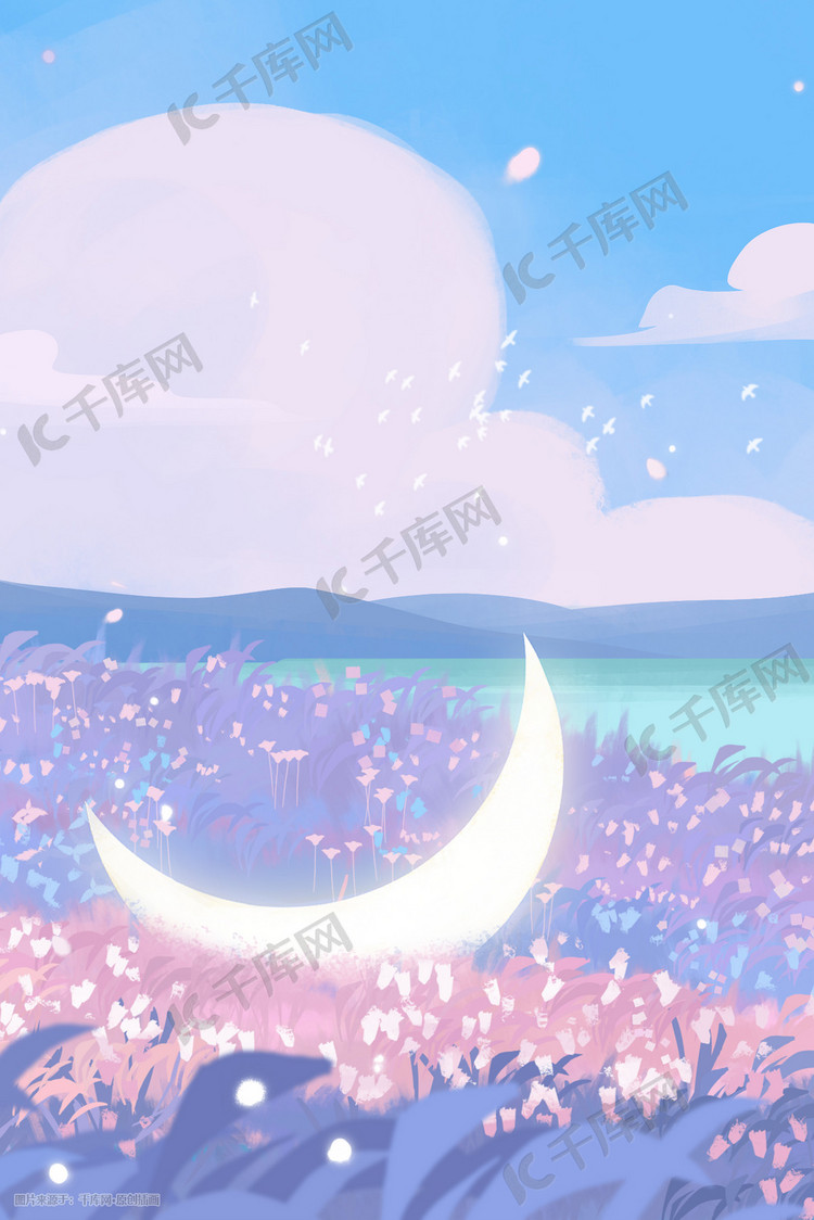 紫色浪漫唯美花海风景月亮
