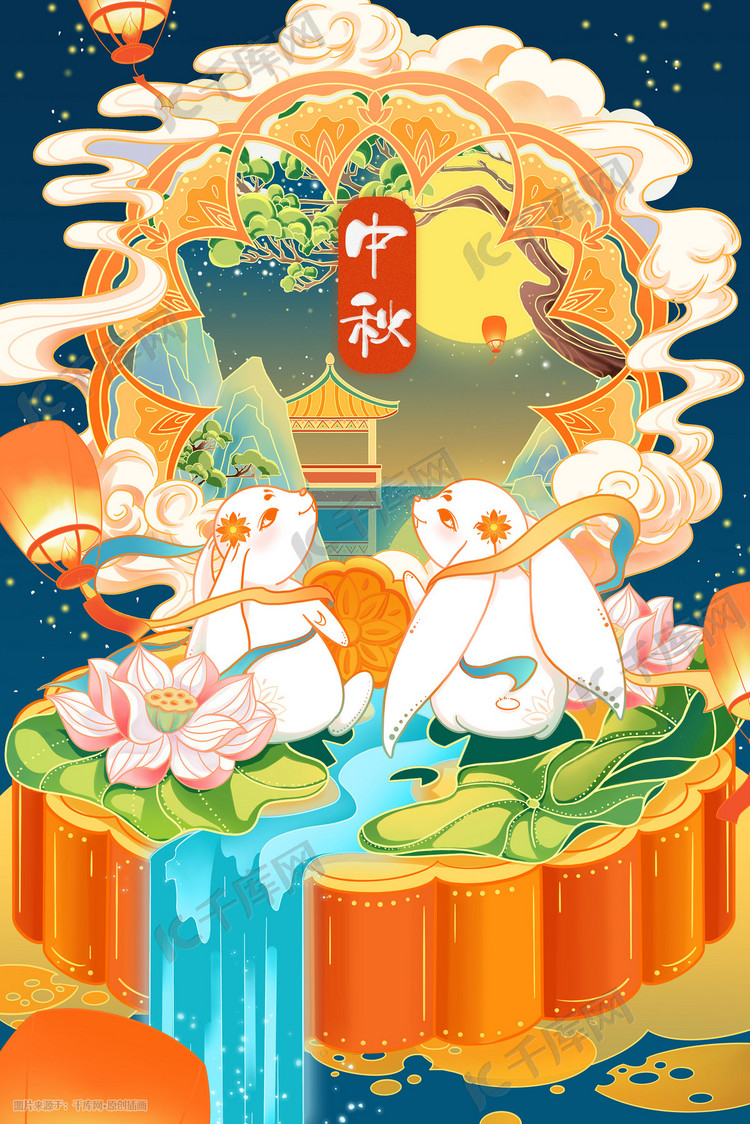 中秋节两只兔子窗前团圆赏月插画图片-千库网