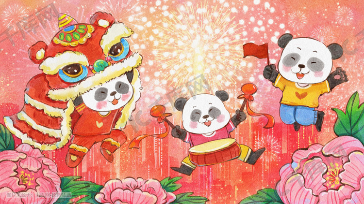 国庆节国庆熊猫舞狮子欢乐过节可爱治愈