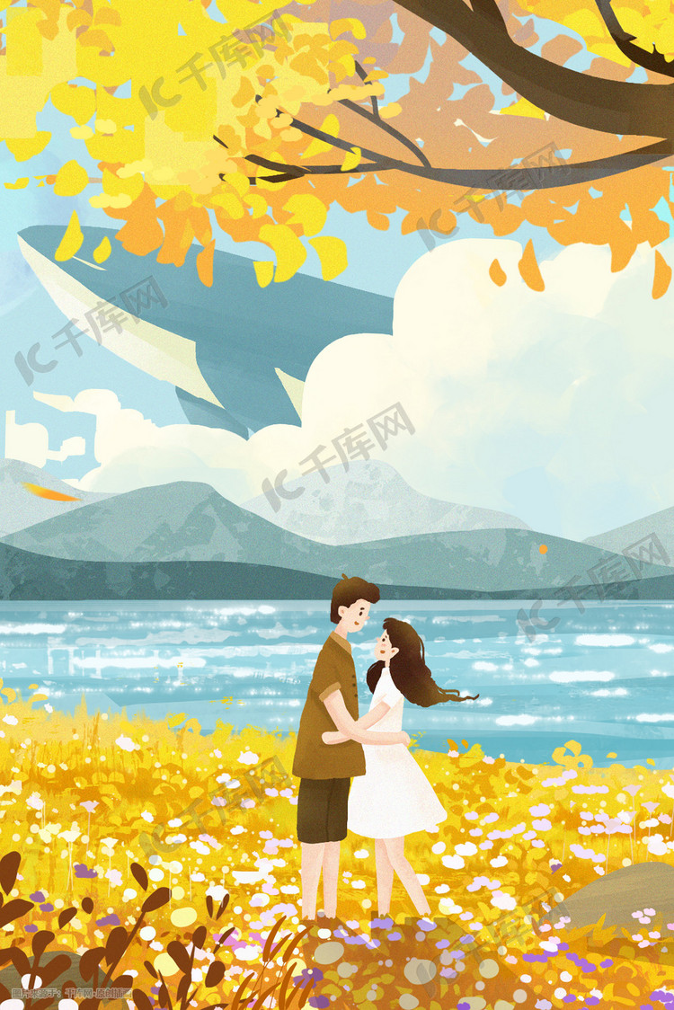 唯美秋天秋季情侣在河边相拥插画