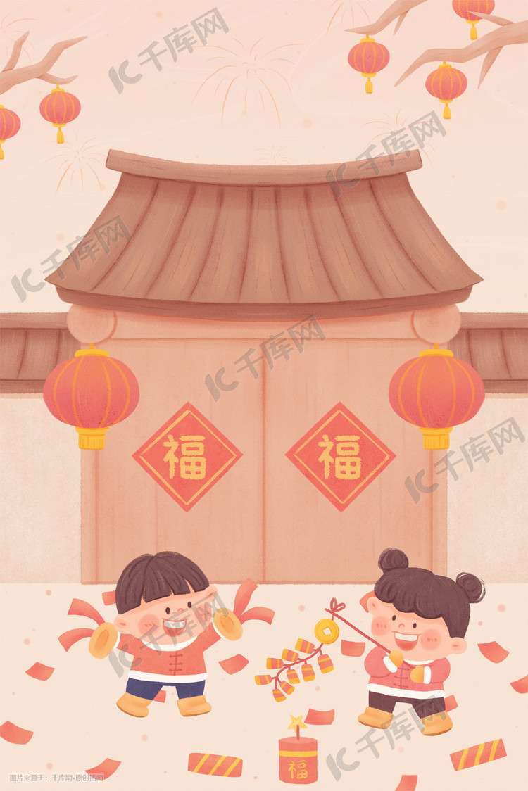 喜庆热闹春节过新年小孩家门放鞭炮庆祝节日