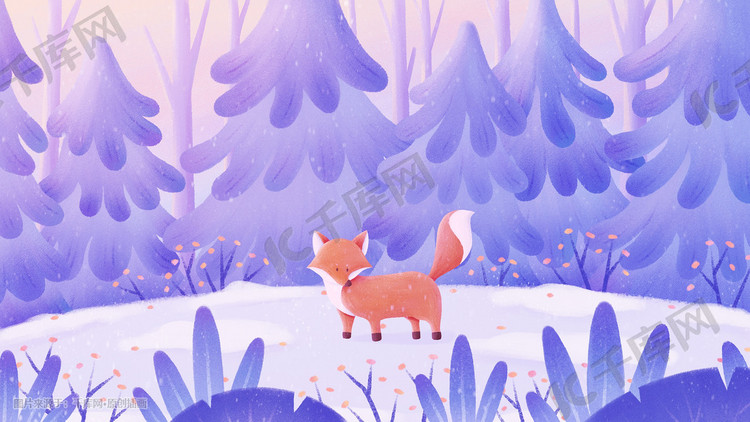 清新唯美浪漫冬季森林植物雪景小狐狸