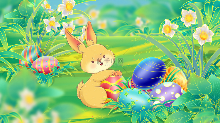 唯美兔子复活节插画