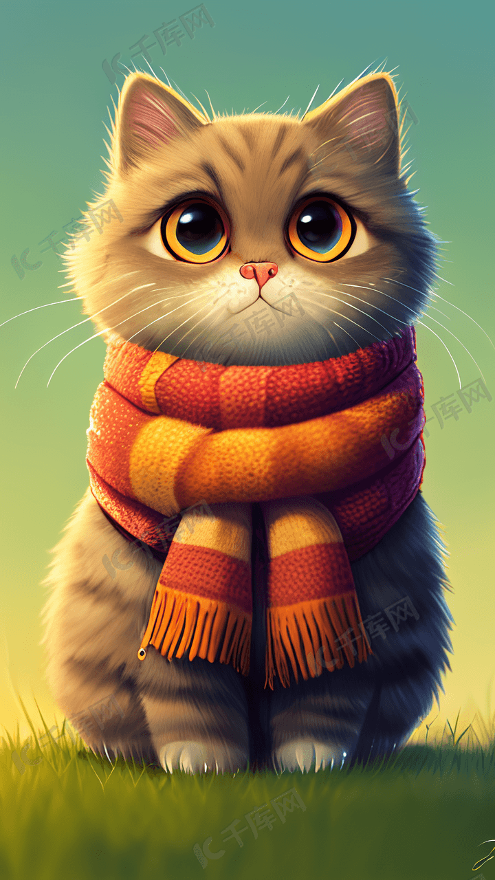 动物猫咪可爱卡通戴围巾