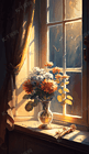 彩色油画质感窗户边的花瓶