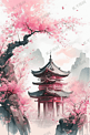 水彩风中式园林建筑樱花插画风景