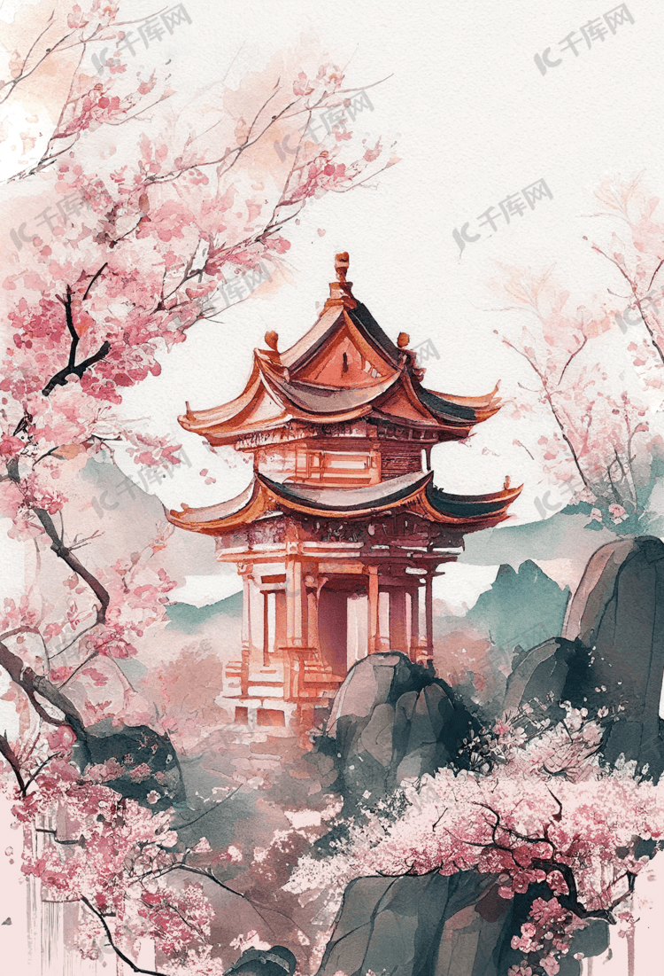 水彩风中式园林建筑樱花插画风景