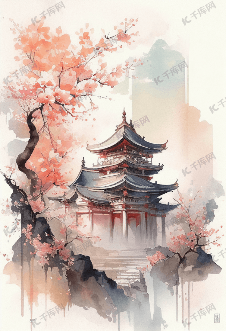 水彩风中式园林建筑樱花插画风景